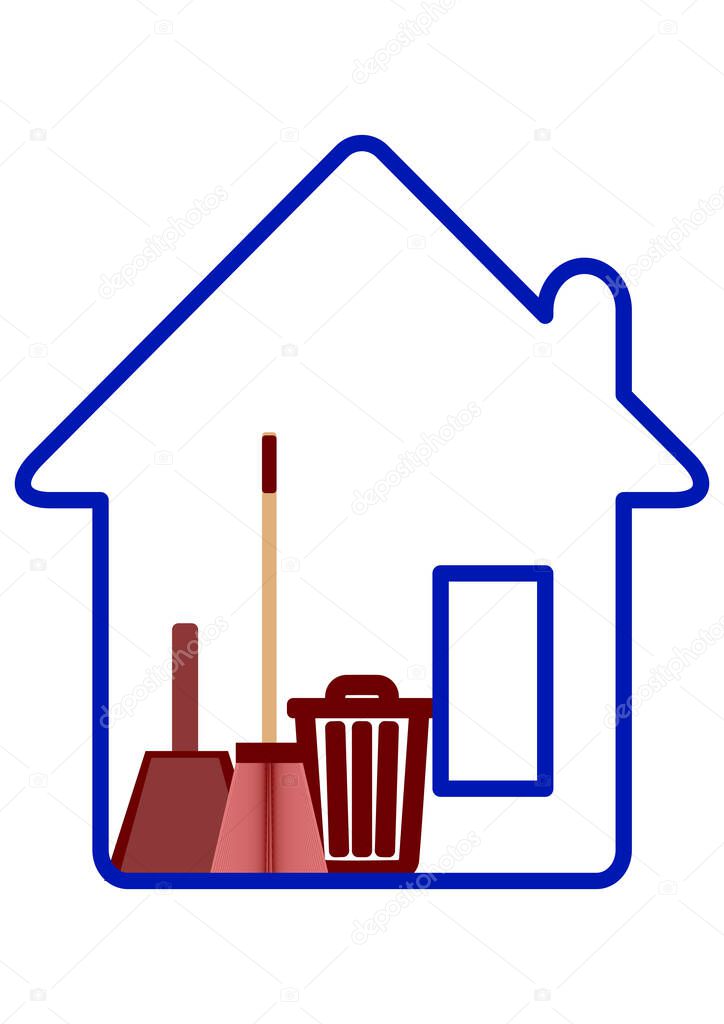 A tool for cleaning trash on the floor. Broom for sweeping. Lingering for cleaning on the street. Dustpan. Trash can. Trash can. Place for text. Template. Vector background image. Poster.