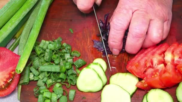 Krájení Fialových Listů Bazalového Salátu Nožem Řezací Desce Zelený Zeleninový — Stock video