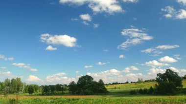 Mavi gökyüzü ve ufukta bulutlar var. Uçan bulutlar. Yaz sezonu. Ormanlar ve tarlalar. Yeşil çayır. Ufuktaki ağaçlar. Pencereden bak. Manzaraya hayran kaldım. Peyzaj.
