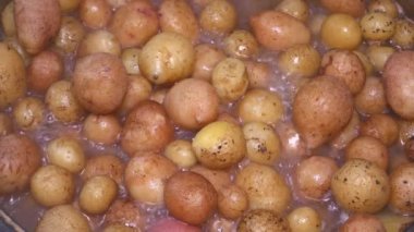 Soyulmamış patatesler tavada kızartılır. Yemek fotoğrafı. Patates yemeği. Mutfak tarifi. Bulaşık menüsü. Ev mutfağı. Yemek pişirmek. Sebze tabağı. Promosyon videosu. Sıcak mezeler sofraya..