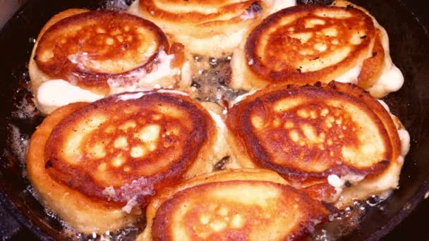 Teigpfannkuchen Werden Einer Pfanne Gebraten Food Foto Süßes Gericht Kulinarische — Stockvideo