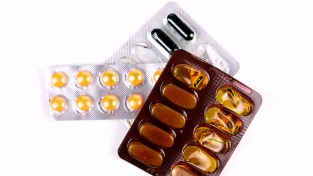 Tablettákban Lévő Gyógyszerek Egy Körben Forognak Elsősegély Gyógyszereket Farmakológia Gyógyszertár — Stock videók