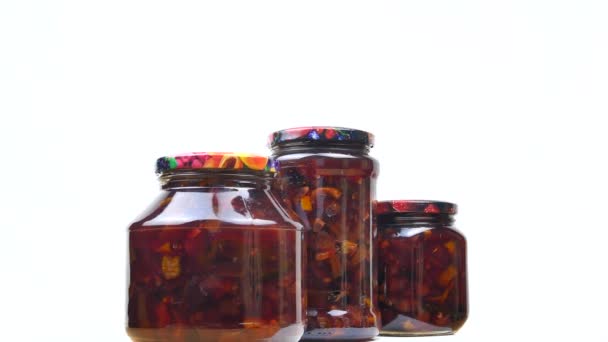 Een Glazen Pot Appeljam Blik Glazen Pot Kersenjam Vruchtenconservering Vruchten — Stockvideo