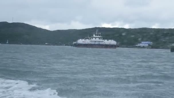 Antigua jaula de salmón cerca de la costa del mar de Barents — Vídeo de stock