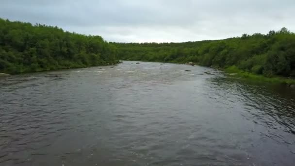 Voo aéreo sob a água rápida do rio salmão Pechenga na península de Kola — Vídeo de Stock