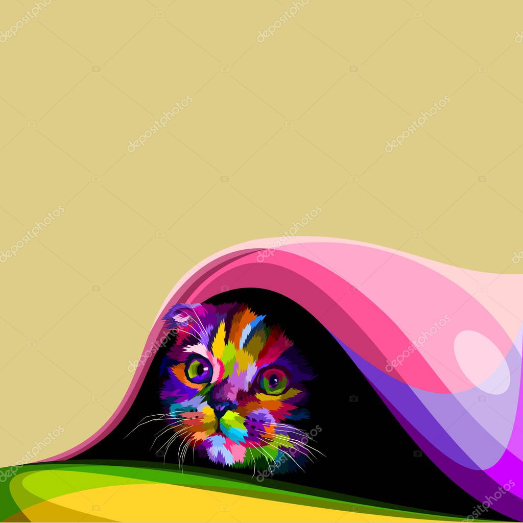 The colorful cute little cat hiding in the blanket