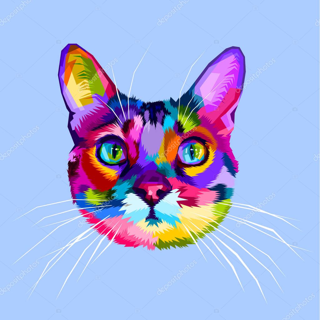 Colorful cat head icon on pop art style