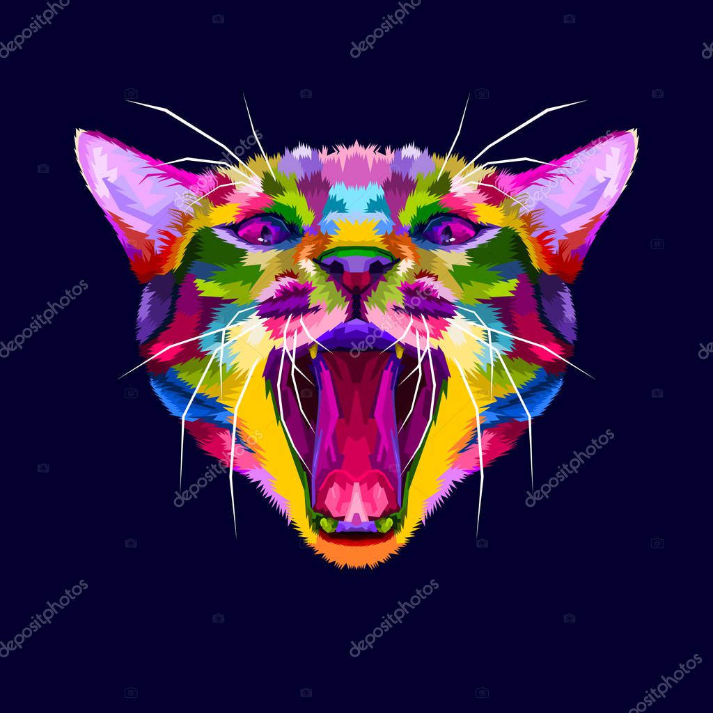Colorful Angry cat head, The cat growls, Angry cat close up
