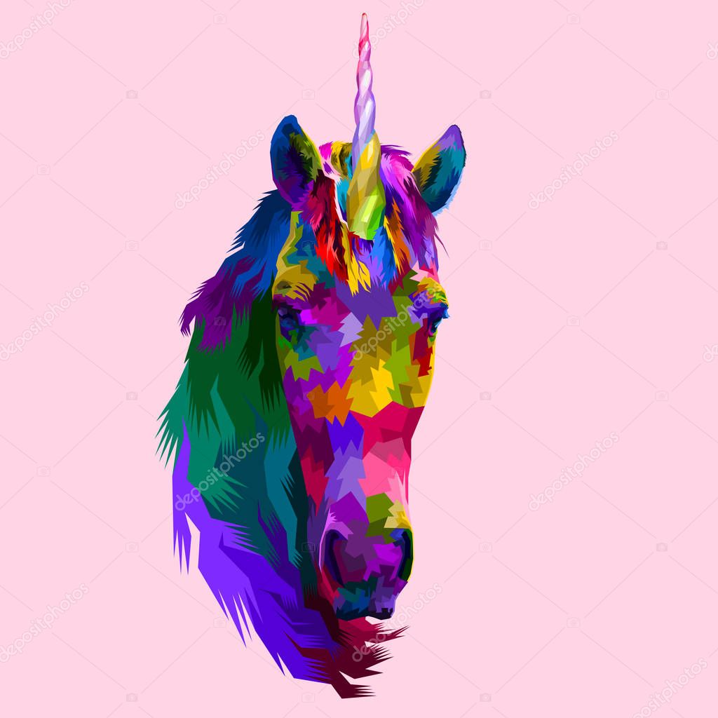 Colorful unicorn front faces on pop art