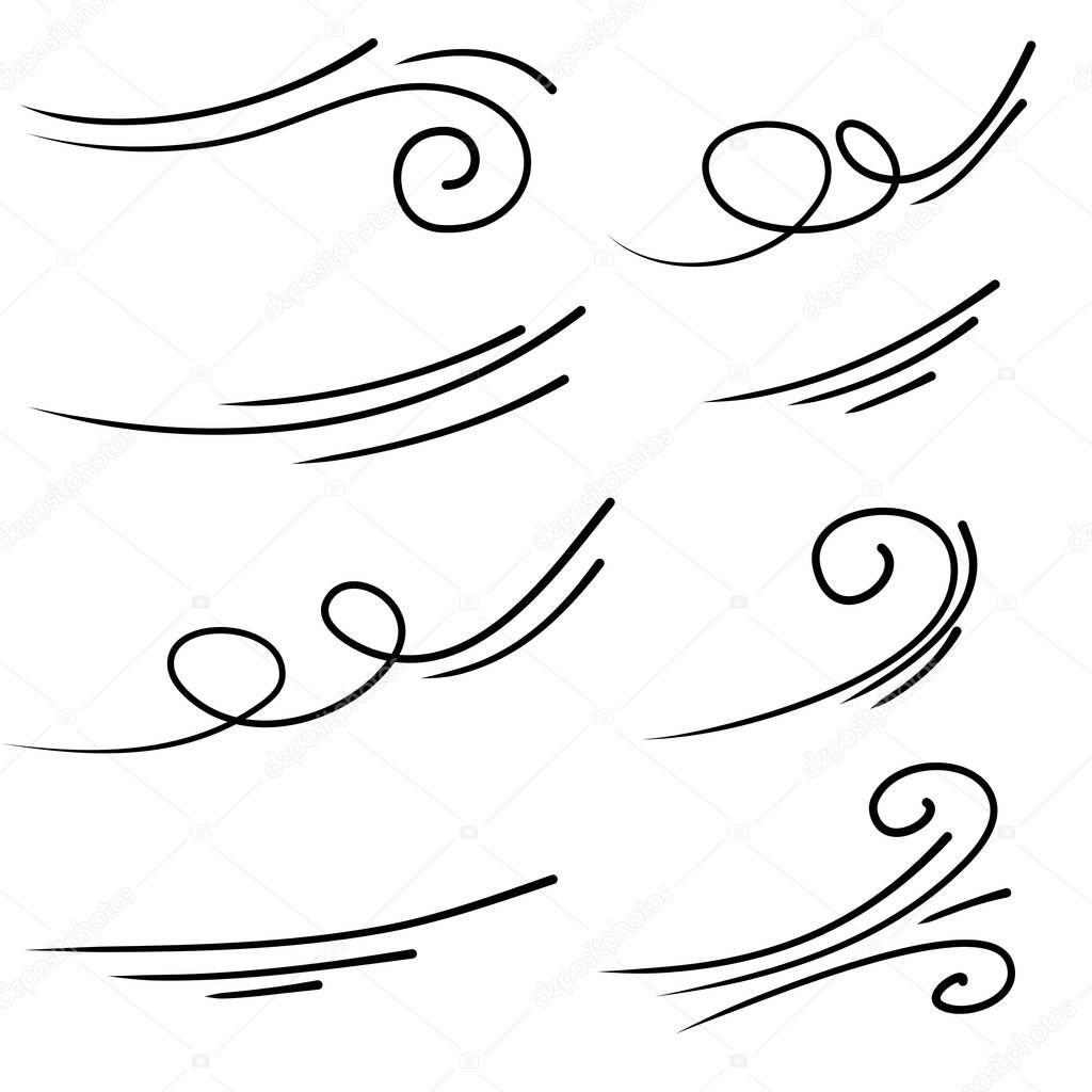 Hand drawn wind gust isolated on a white background. Doodle vector illustration.