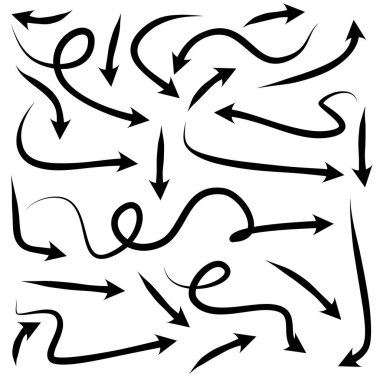 Elle çizilmiş oklar. Vektör karalama tasarım elementleri. İş bilgileri, afişler, web ve konsept tasarımı için beyaz arkaplan üzerine resim..