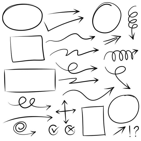 Doodle Gestaltungselement Gekritzelte Linien Pfeile Häkchen Kreise Und Kurven Vektor — Stockvektor