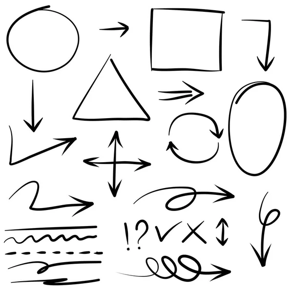 Doodle Gestaltungselement Gekritzelte Linien Pfeile Häkchen Kreise Und Kurven Vektor — Stockvektor