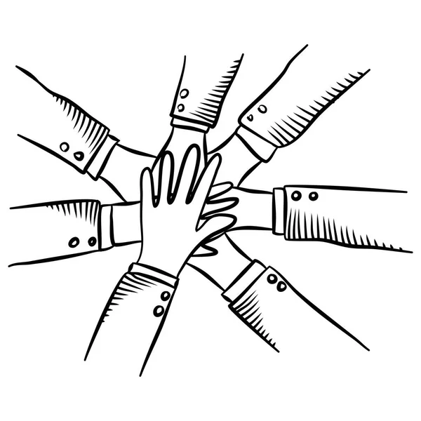 Hand Drawn Hands Diverse Group People Putting Together Doodle Vector — Stock Vector