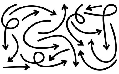 Elle çizilmiş oklar. Vektör karalama tasarım elementleri. İş bilgileri, afişler, web ve konsept tasarımı için beyaz arkaplan üzerine resim..