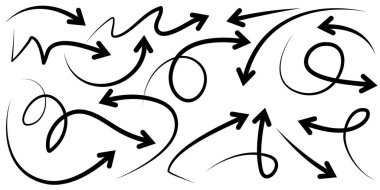 Elle çizilmiş oklar. Vektör karalama tasarım elementleri. İş bilgileri, afişler, web ve konsept tasarımı için beyaz arkaplan üzerine resim..