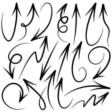 Elle çizilmiş oklar. Vektör karalama tasarım elementleri. İş bilgileri, afişler, web ve konsept tasarımı için beyaz arkaplan üzerine resim..