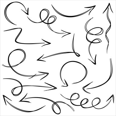 Elle çizilmiş oklar. Vektör karalama tasarım elementleri. İş bilgileri, afişler, web ve konsept tasarımı için beyaz arkaplan üzerine resim..