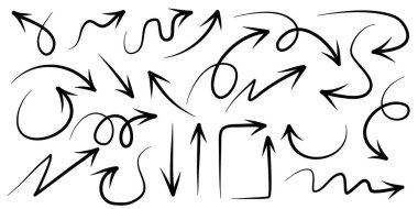 Elle çizilmiş oklar. Vektör karalama tasarım elementleri. İş bilgileri, afişler, web ve konsept tasarımı için beyaz arkaplan üzerine resim..