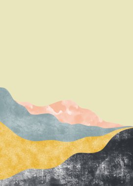 Soyut dağ manzarası, doğal manzara. Minimalist tasarım. Duvar dekorasyonu, kartpostal veya broşür tasarımı için soyut su rengi..