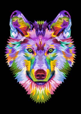 Pop sanat tarzında renkli kurt kafası. Vektör illüstrasyonu.