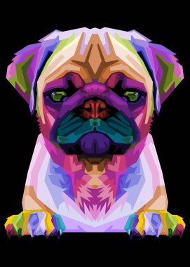 Geometrik pop sanatı üzerine sevimli bir pug. Soyut gökkuşağı .vektör illüstrasyonu.