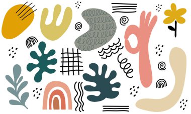 El çizimi organik şekiller, dokular ve grafik elementler. Baskılar, sosyal medya, afişler, davetiyeler, markalaşma tasarımı için soyut modern trend, kapsamaktadır.