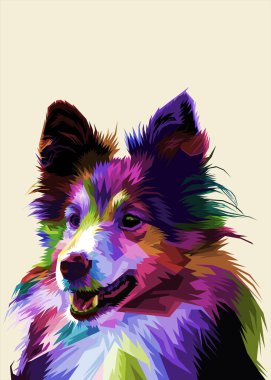 Geometrik pop sanat tarzında izole edilmiş renkli Sheltie dog. .