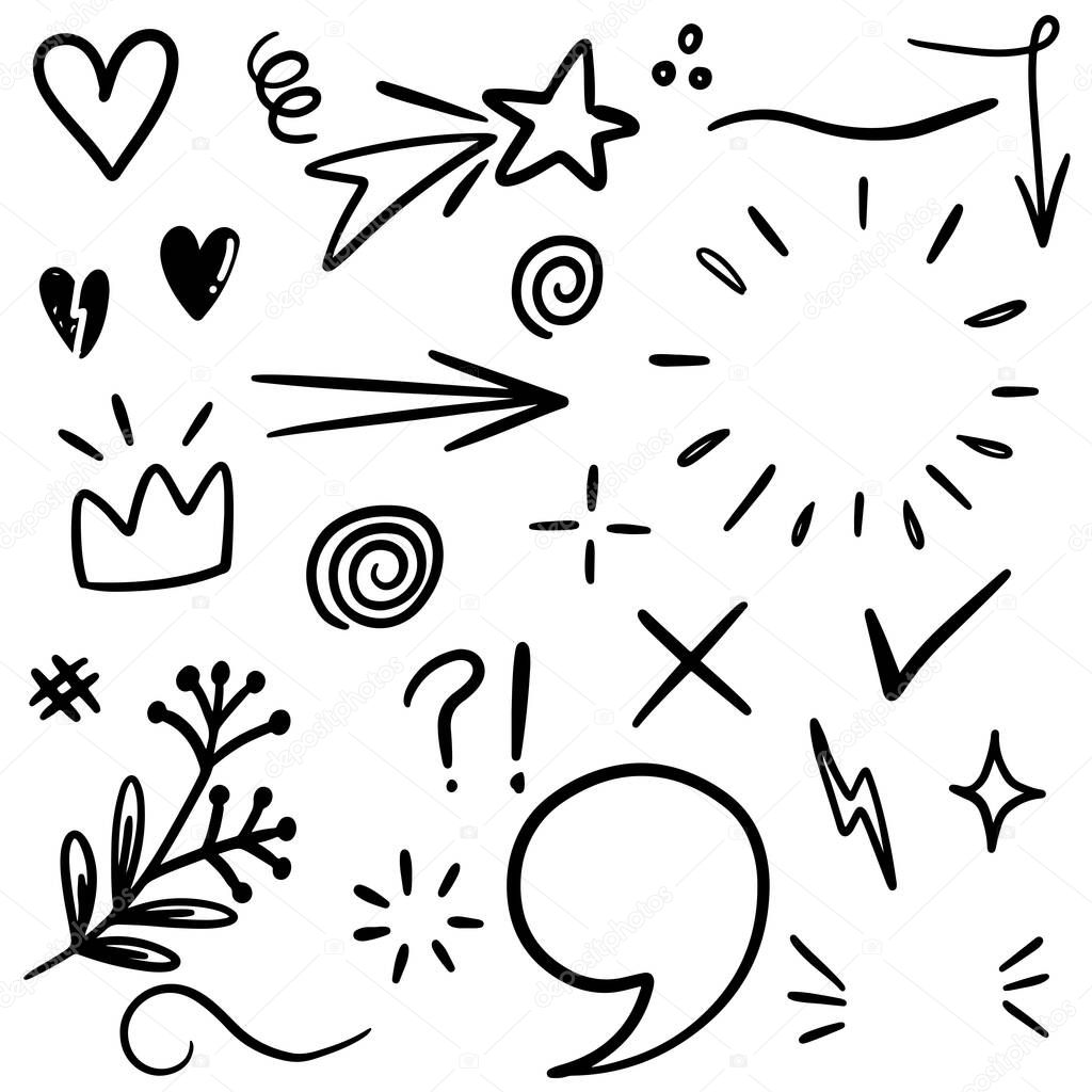 Hand drawn set elements, black on white background. Arrow, heart, love, speech bubble, star, leaf,light,check marks ,crown, king, queen,Swishes, swoops, emphasis ,swirl, for concept design.