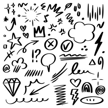 Oklar, kalpler, yıldızlar, konuşma baloncukları, karalamalar ve soyut şekiller de dahil olmak üzere el çizimi elementler koleksiyonu.