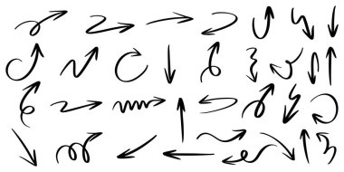 Robot resim tarzında el çizimi oklar. Farklı yönleri, eğri çizgileri ve karalama tarzı sembolleri içerir.