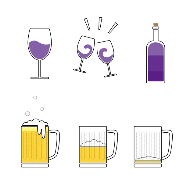 ドリンク セット ビール グラスとワイン グラス ビールおよびワインのアイコンを設定 — ストック写真