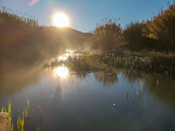 River Water Evaporating Very Cold Morning Mountain — Stock Photo, Image