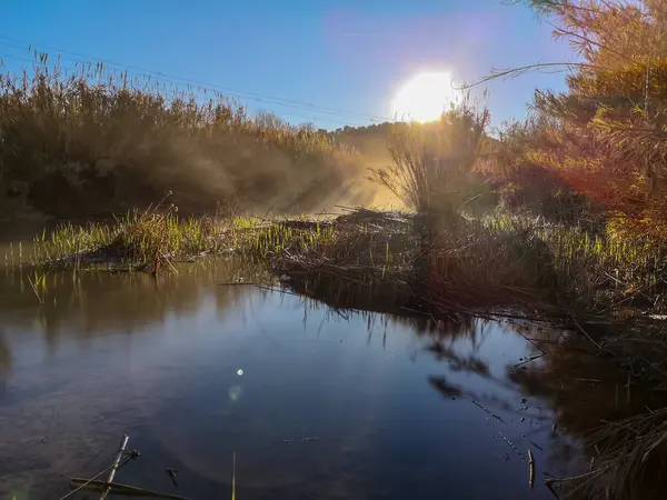 Річка Водою Випаровується Дуже Холодний Ранок Горі — стокове фото