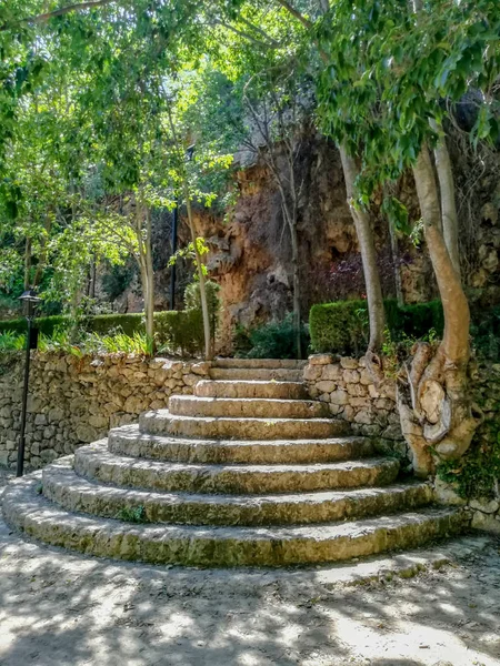 Doğal Peyzaj Taş Duvarlar Ağaçları Ile Yuvarlak Taş Merdivenle — Stok fotoğraf