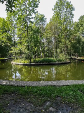 Puerto de Sagunto 'nun büyük parkında çok yeşil ağaçlar ve çimenler görünüyor.