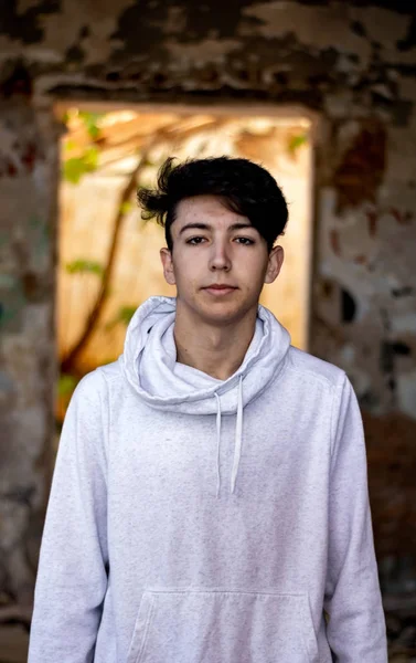 stock image Young boy in an abandoned house