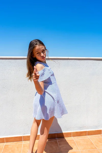 Pretty Little Girl Dressed White Blue Striped Dress Posing Fun — Stock Photo, Image