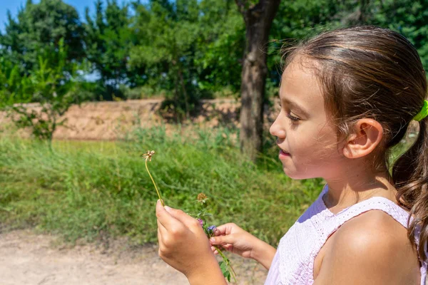 Pretty Little Girl Mask Protect Herself Coronavirus Picking Flower Path — Stock Photo, Image