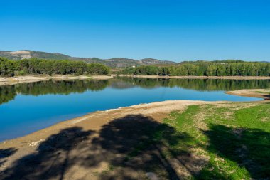 Mavi gökyüzü olan bir günde, ormanın sudaki güzel yansımalarıyla dolu bir rezervuar manzarası. Doğa konsepti