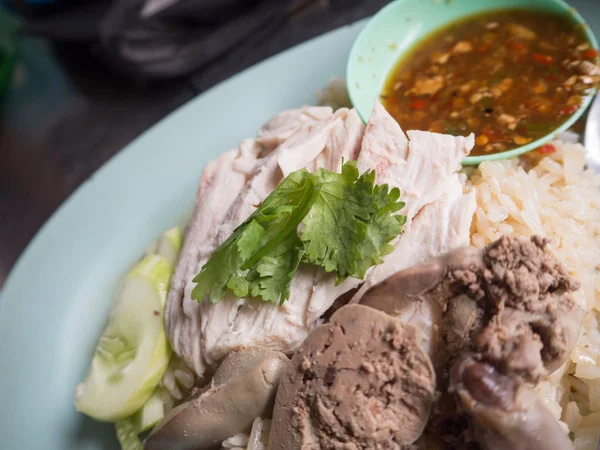 Zbliżenie Lokal Kurczaka Ryż Khao Man Kai Tajskie Street Food — Zdjęcie stockowe