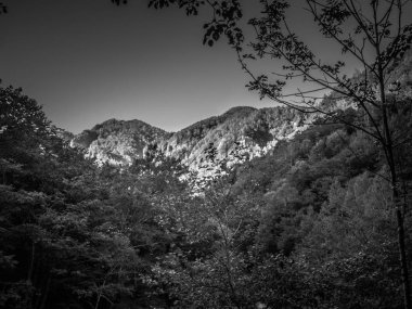 Güzel dağ görünümünde Hokkaido, Japonya. Siyah beyaz manzara resim.
