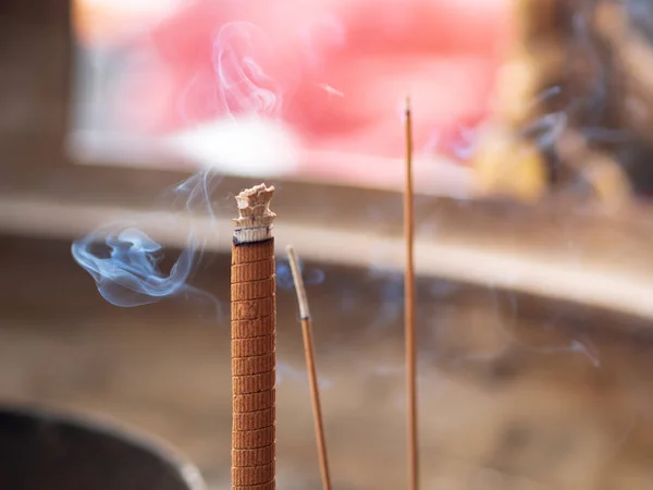 Closeup Incenses Smokes Giant Golden Burner Chinese Temple — Stock Photo, Image