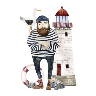 Sulu boya resim. Deniz tema. Denizci bir martı ile