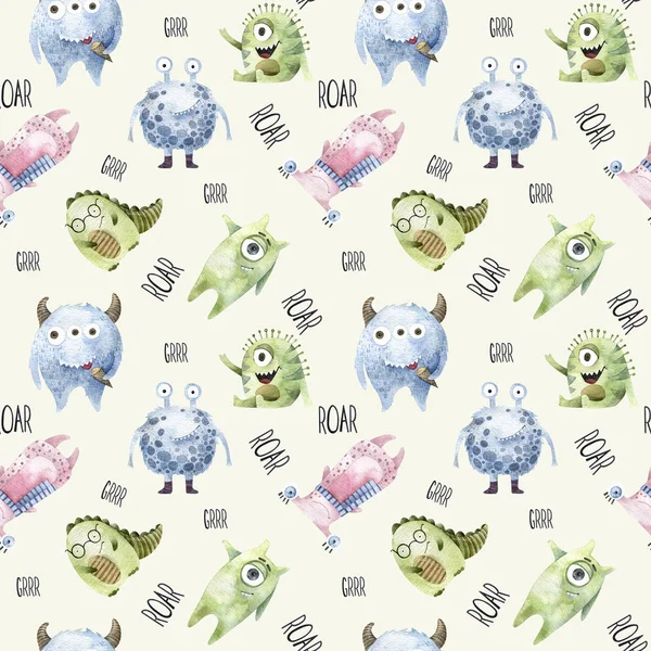 Monster watercolor illustration. Seamless pattern.
