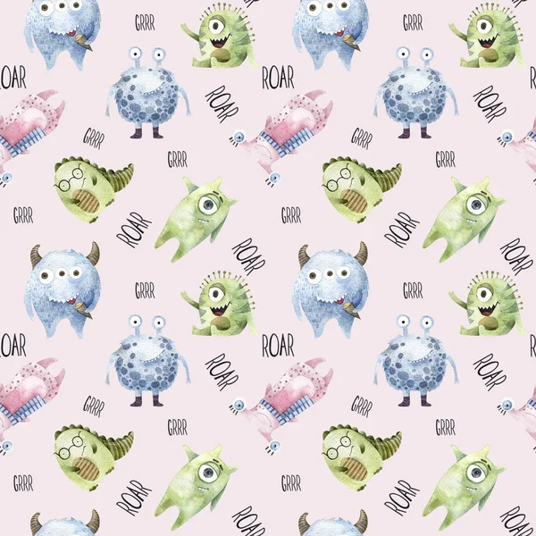 Monster watercolor illustration. Seamless pattern.