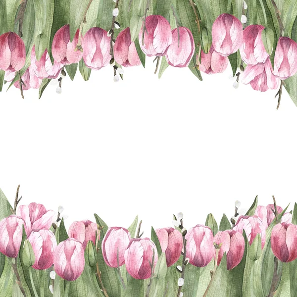Watercolor square frame of flowers.  Background for invitations, advertisements, postcards.