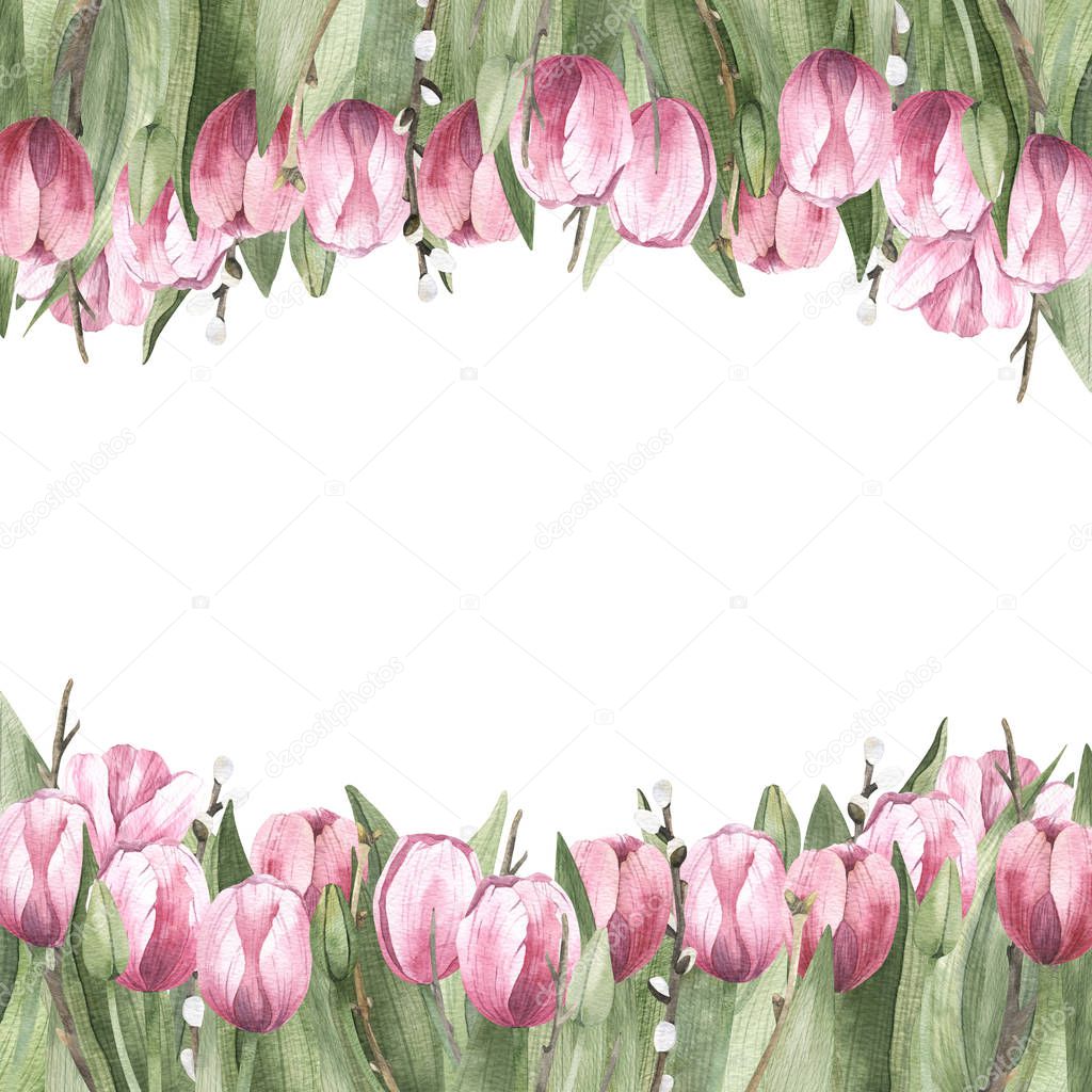 Watercolor square frame of flowers.  Background for invitations, advertisements, postcards.