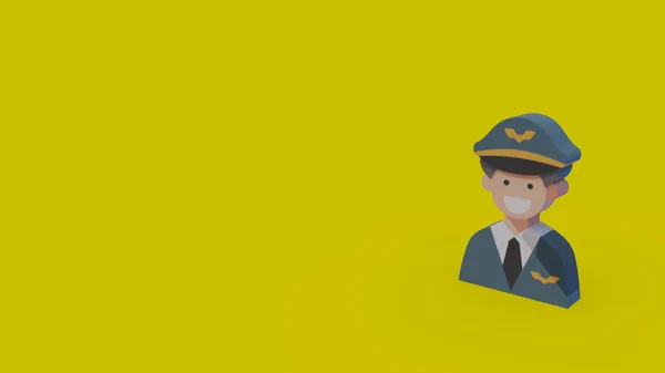 color 3d icon of pilot in dark grey uniform, tie and hat isolated on yellow background