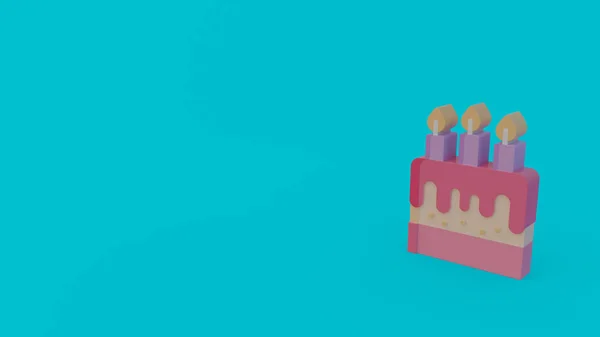 图标粉红色的生日蛋糕与三个蜡烛隔离在绿松石背景 — 图库照片